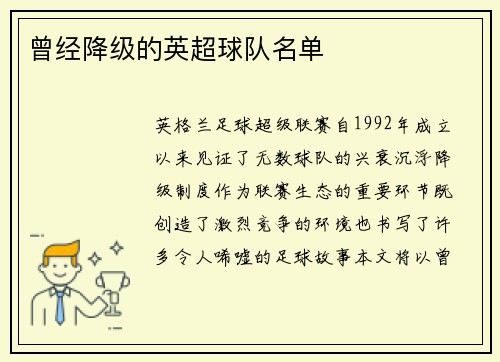曾经降级的英超球队名单